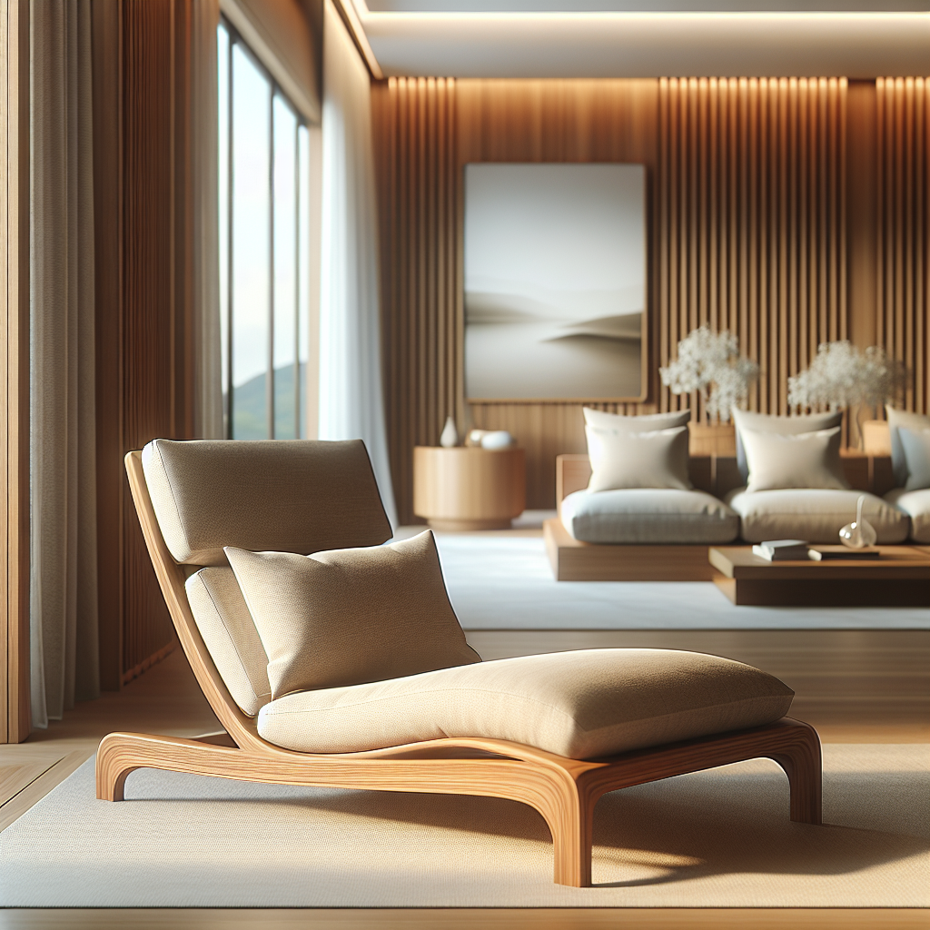 Teak lounge chair with cushions in bright room