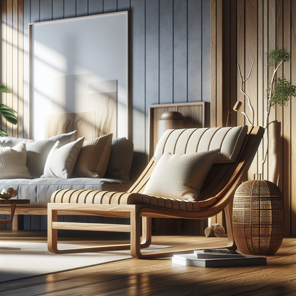 Lounge chair made of teak wood with cushions in a bright living room
