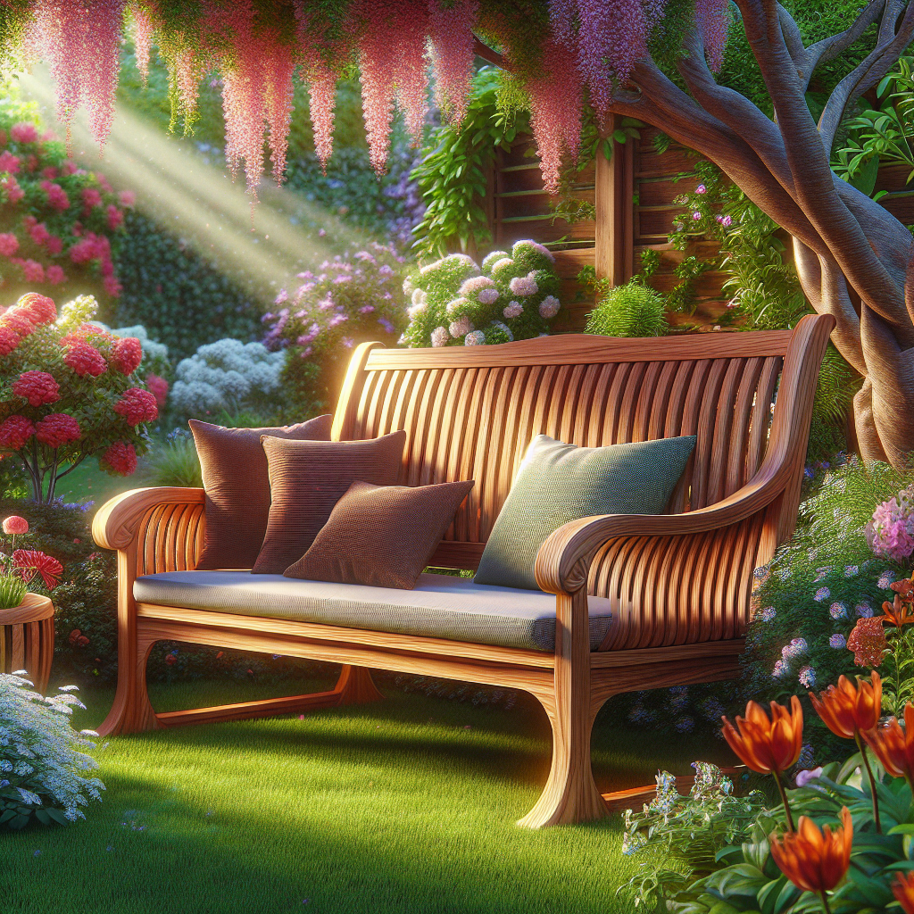 Solid teak wood outdoor bench with cushions in garden