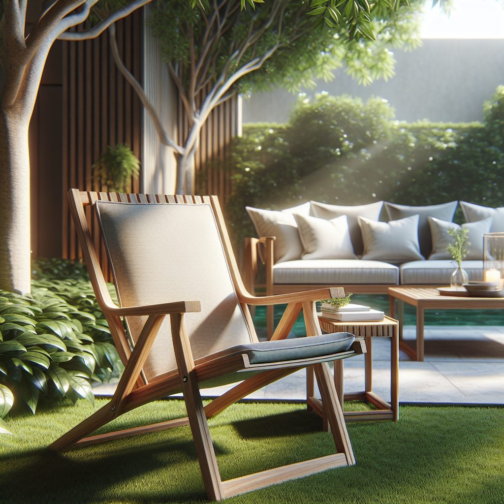 Outdoor folding chair made of teak wood and fabric on a green lawn