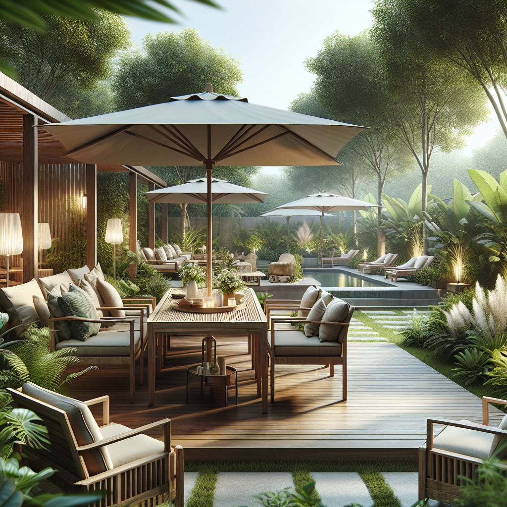 Teak outdoor dining table and chairs in garden setting