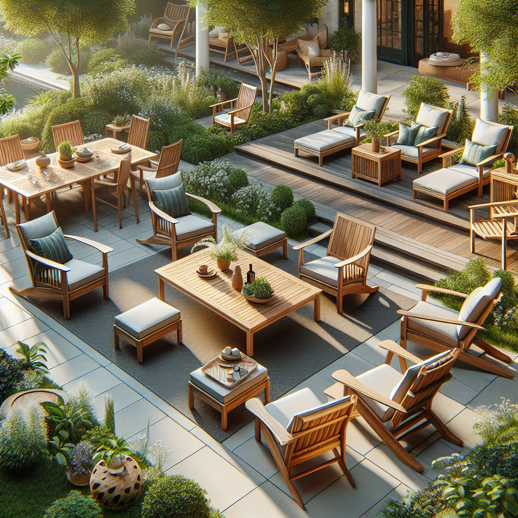 Outdoor patio with teak furniture including chairs and table