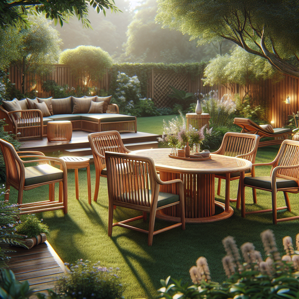 Teak garden furniture set including table, chairs, and chaise lounge in natural garden environment