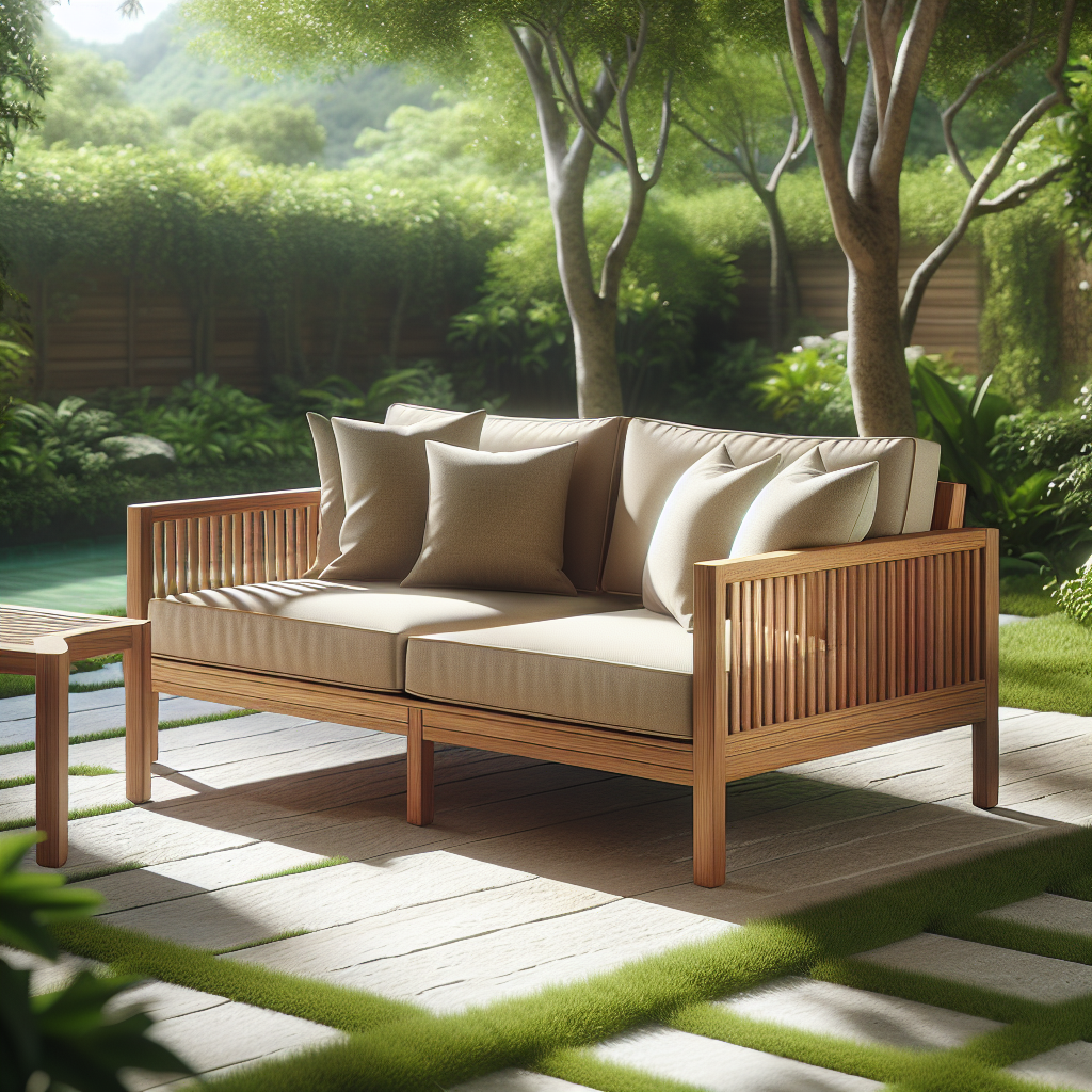 Teak garden sofa with cushions placed in a green garden