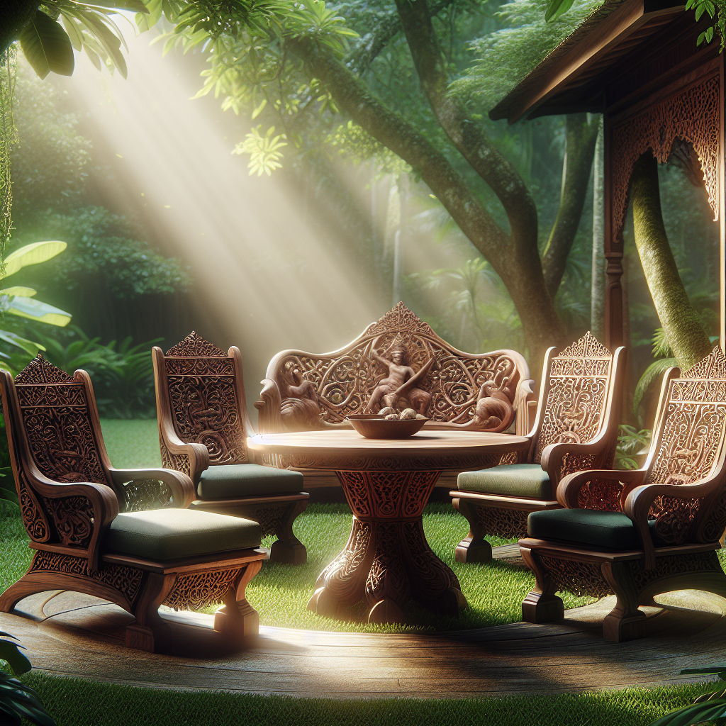 Jepara teak garden furniture in a lush garden