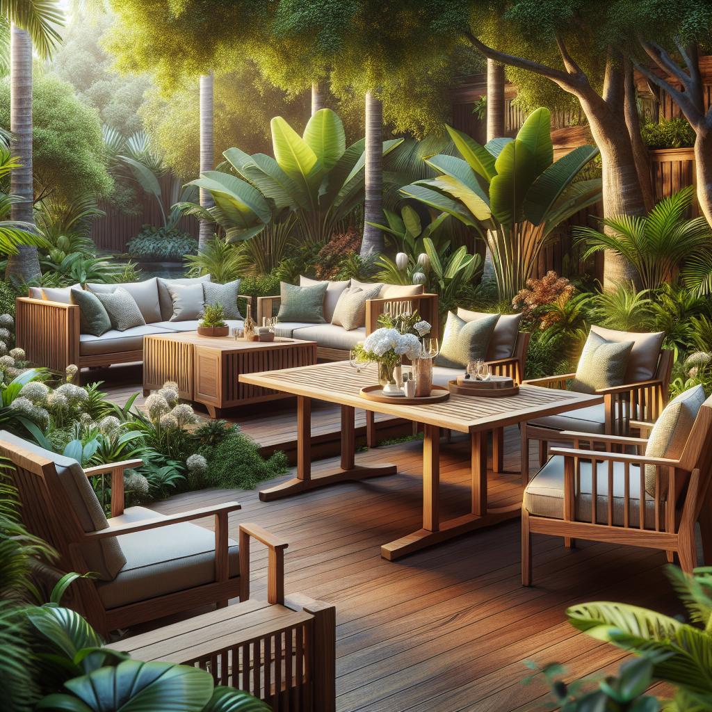 Teak outdoor furniture set in green garden