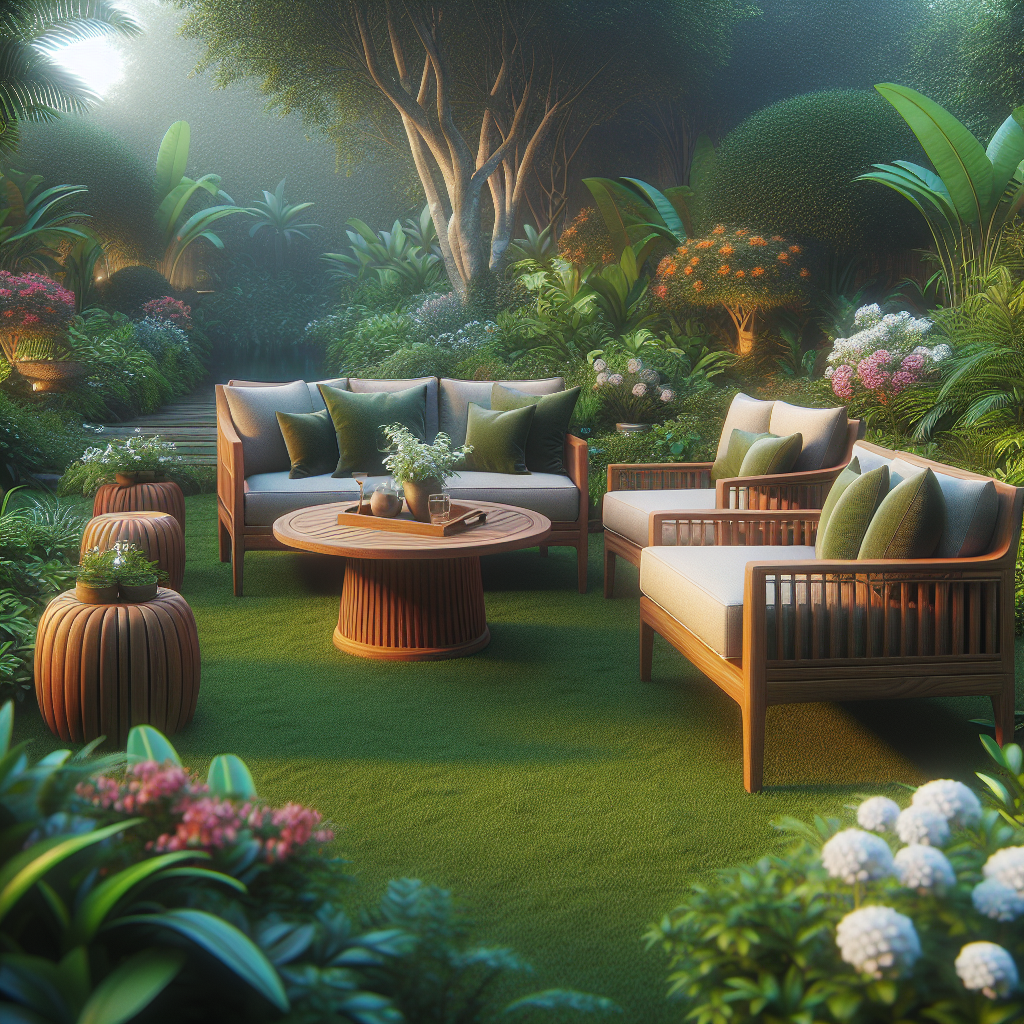 Teak wood garden furniture set with sofa, armchairs, and coffee table in a green garden