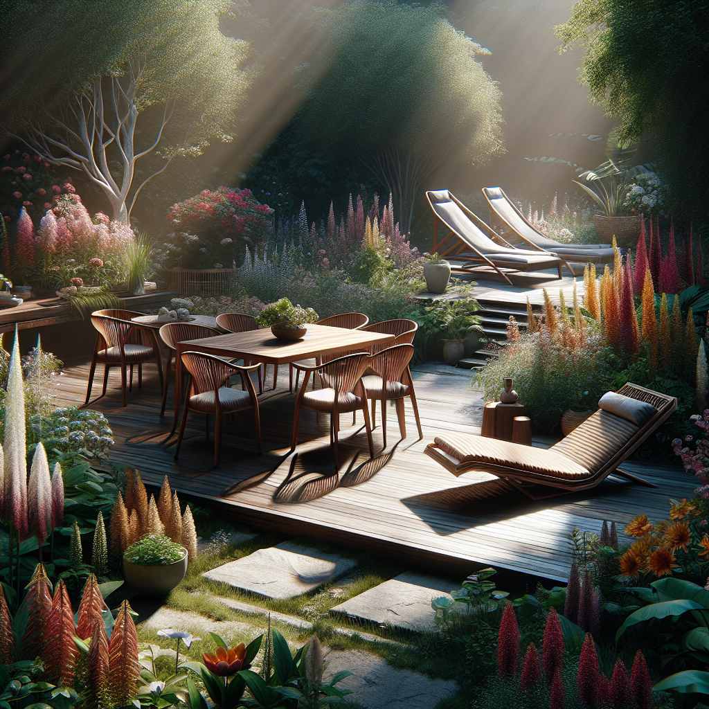 Teak wood garden furniture in green garden setting