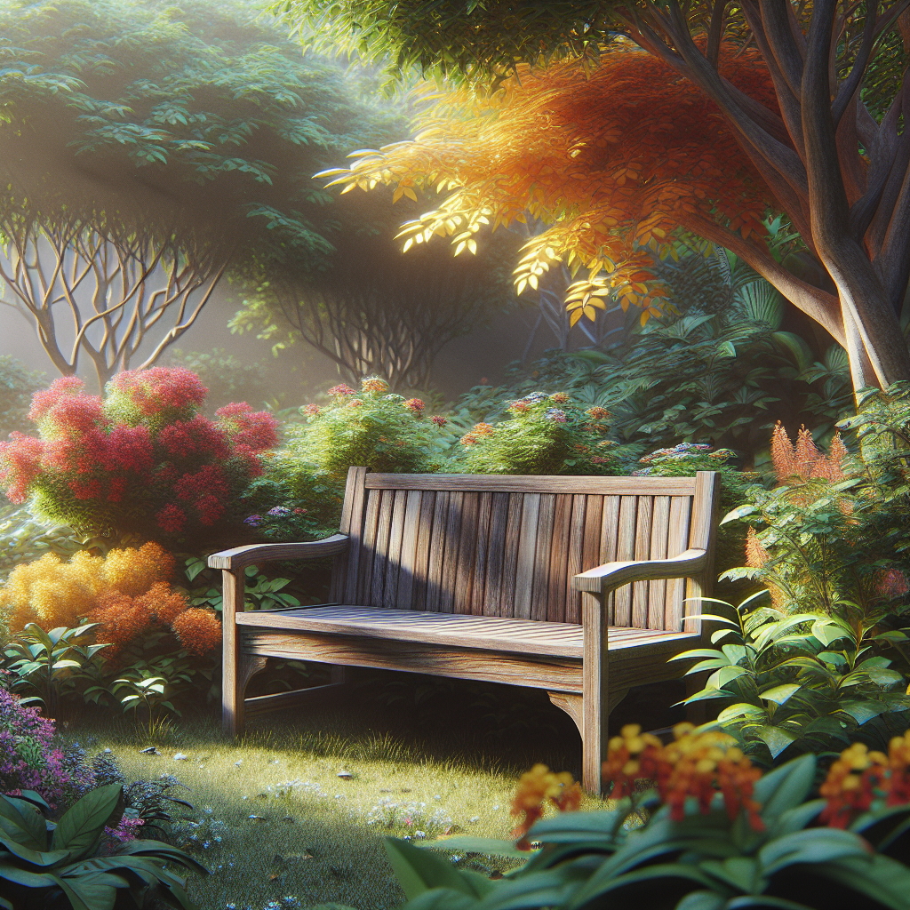 Wooden garden bench made of teak wood in outdoor garden setting